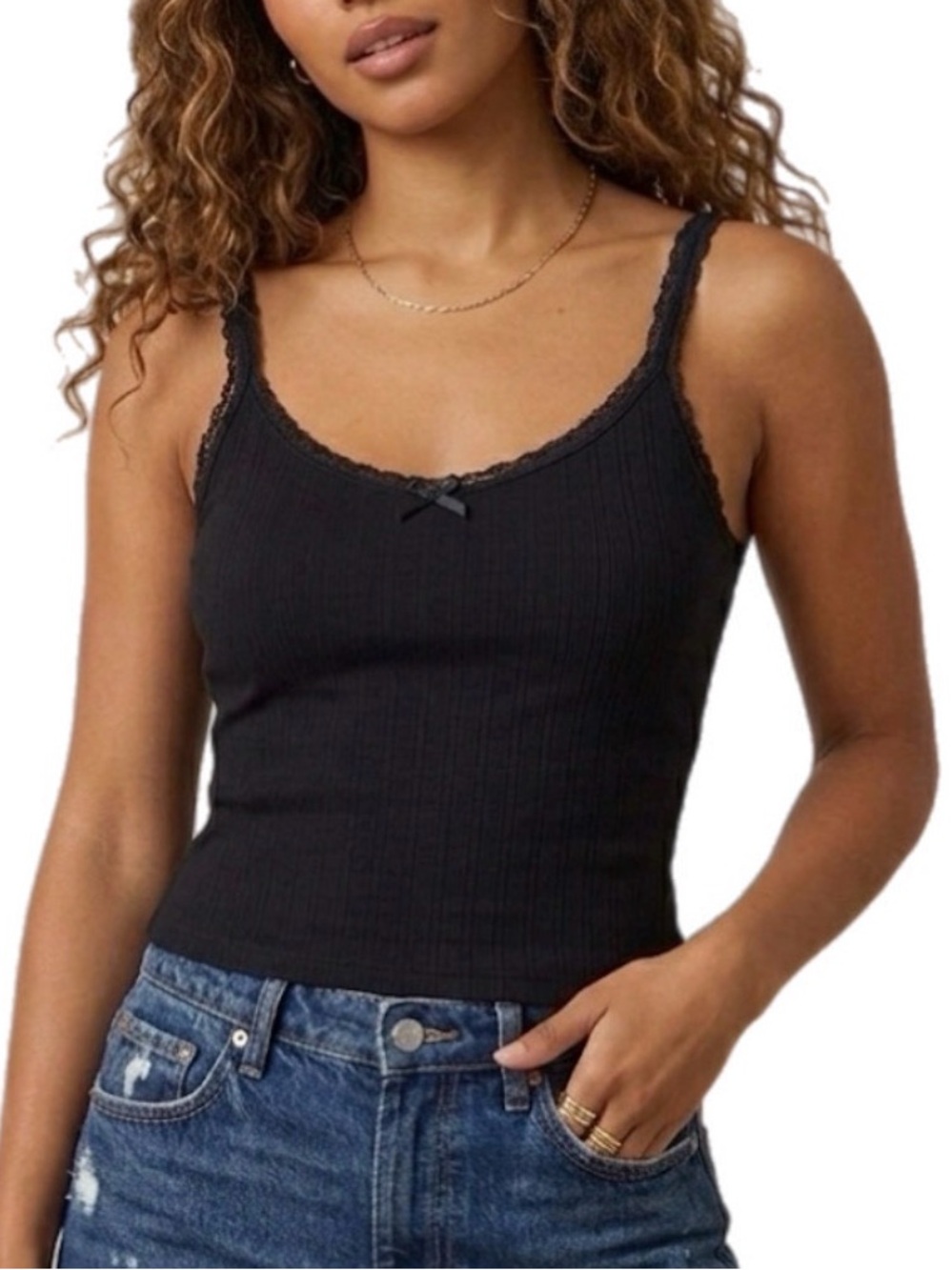 L H&M Divided Women’s Y2K Black Ribbed Lace-Trim Tank Top Casual Comfy Sleep